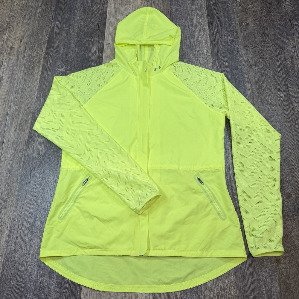 Under Armour HeatGear Womens M Neon Yellow Hooded Running Jacket Windbreaker